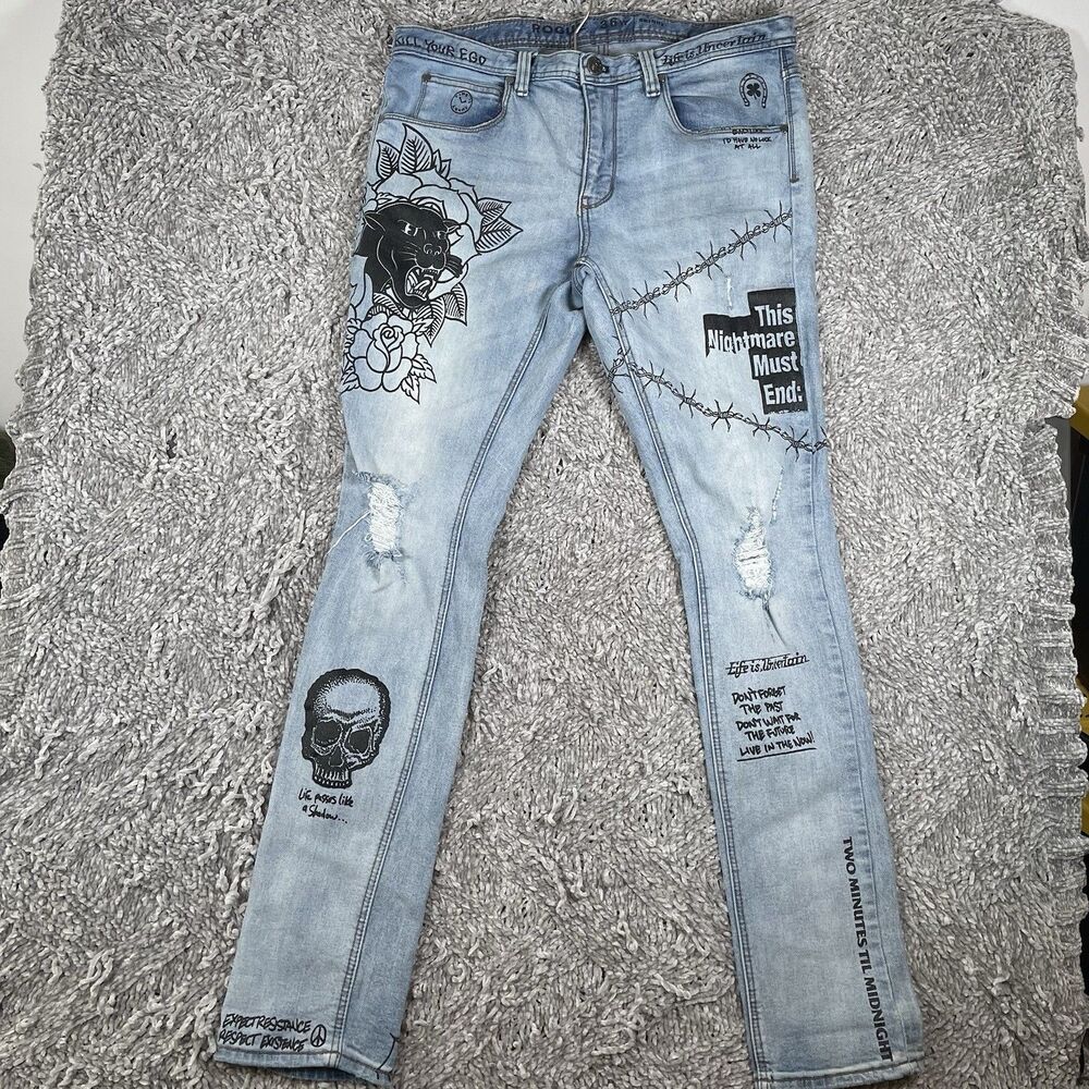Rogue Jeans Size 36 Blue Denim Skull Horse Shoe Lucky Preppy Grunge Punk Y2K